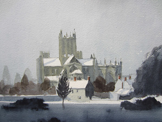 Wells Cathedral Snow - Watercolour painting by John Hunt